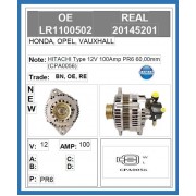 20145201BN  LR1100502 ALTERNATORE 12V 100AH CON PULEGGIA PR6 60mm NUOVO ADATT. HITACHI  CPA0056